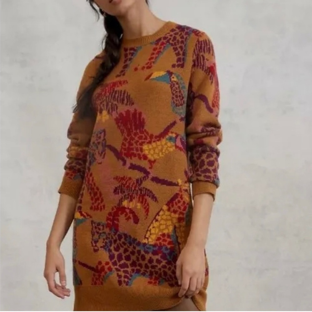 Farm Rio x Anthropologie Casey Tan Red Tropical Jungle tunic sweater!